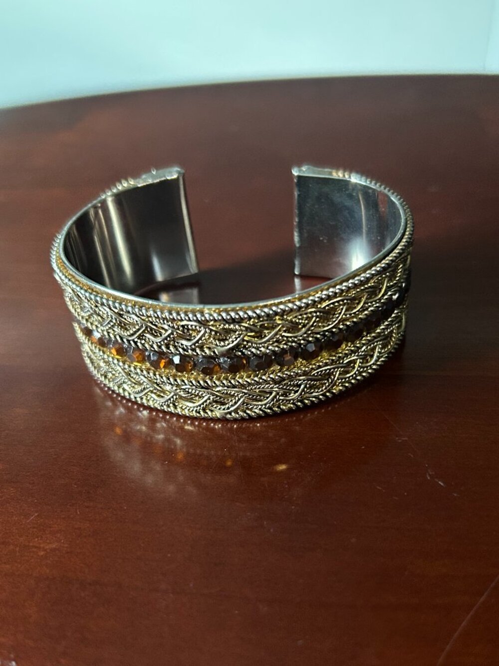 Vintage Gold Silver Cuff Bracelet Amber Rhinestones Braided Rope Statement